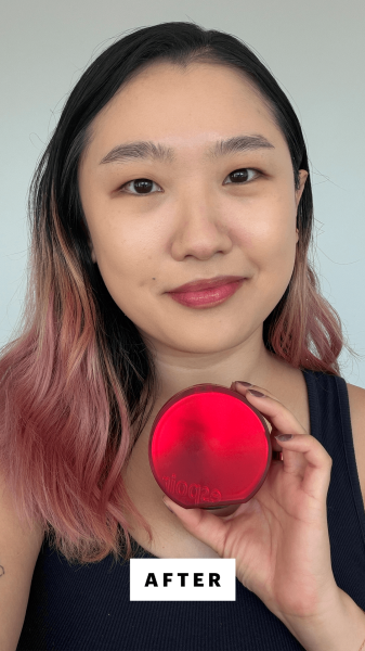 A selfie of Allure commerce editor Sarah Han after applying the Espoir Be Velvet Cushion in 23 Beige