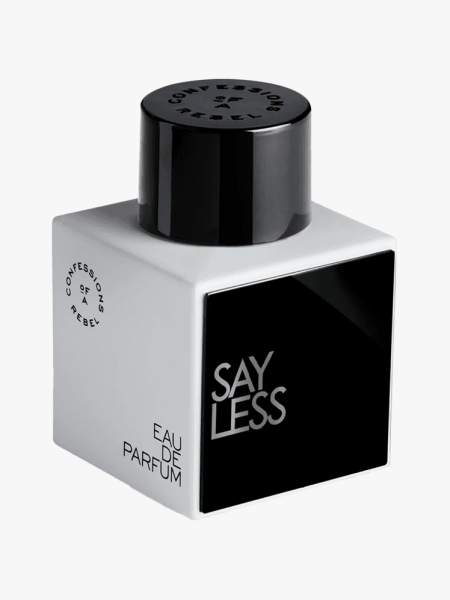 Confessions of a Rebel Say Less Eau de Parfum in branded component on a light gray background